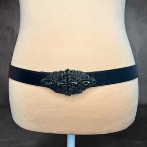 Fossil Black Elastic Leather Cinch Belt S Victorian Goth Rhinestone Statement